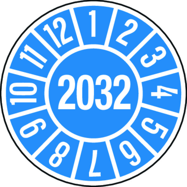 Jahresprüfplakette, blau/weiß Ø 35mm - Bogen = 10 Plakettenn