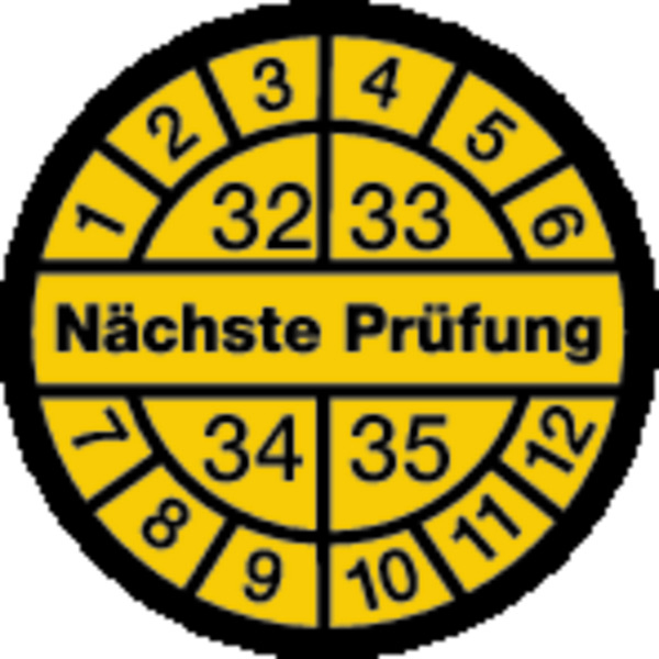Prüfplakette, Nächste Prüfung, schwarz/gelb, Folie, Ø 12,5/30 mm - Bogen = 10 Plaketten