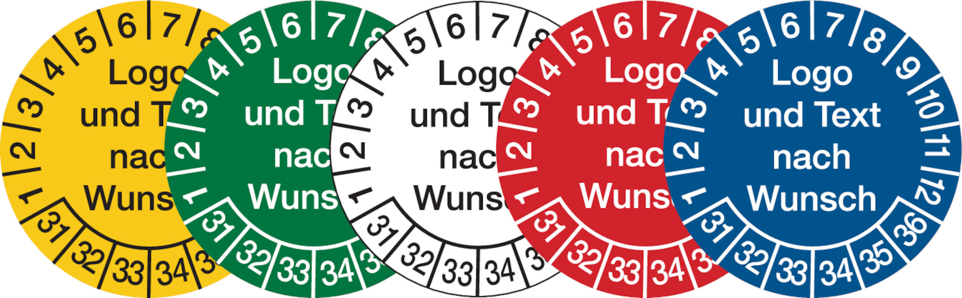 Prüfplaketten, Logo und Text nach Wunsch, Dokumentenfolie, Ø 20 - 40 mm - Bogen = 10 Stk.