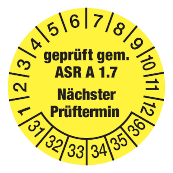 Prüfplakette, ASR A1.7 Nächster Prüftermin, gelb/schwarz, Folie, Ø 30 mm - Bogen = 10 Plaketten