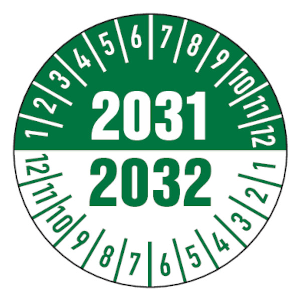 Jahresprüfplaketten, 2-farbig 2 Jahreszahlen, Folie, Ø 30 mm - Bogen = 10 Plaketten
