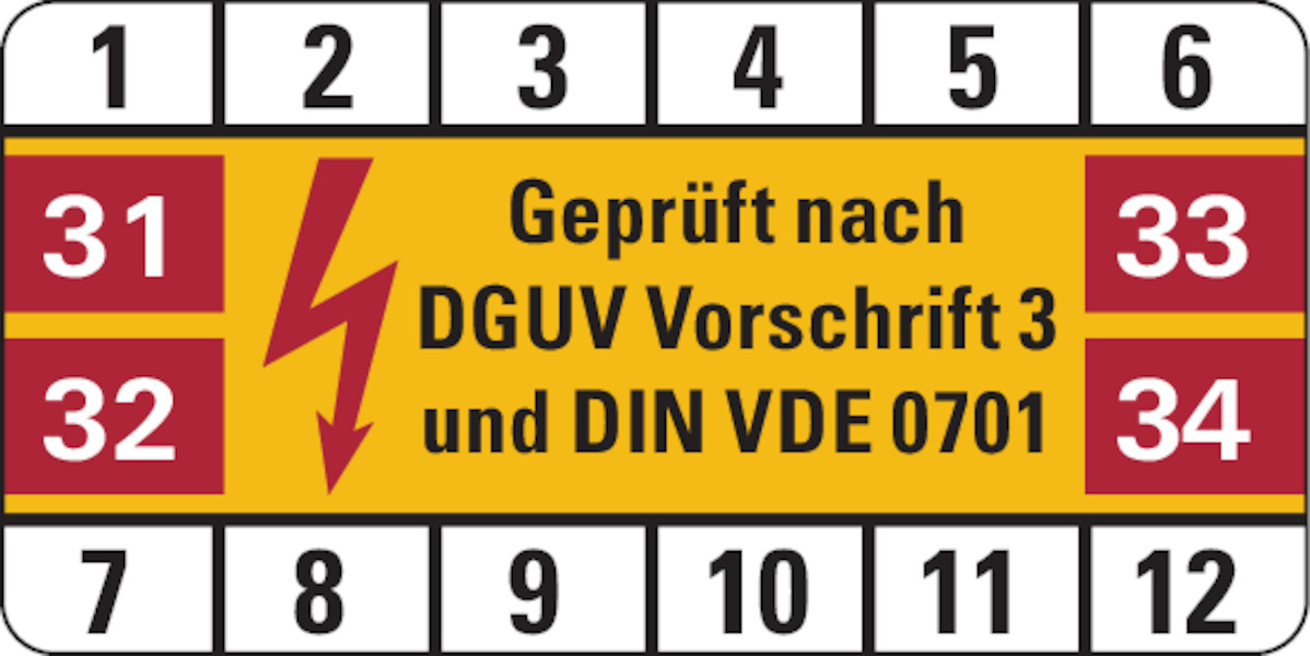Prüfplakette, DGUV Vorschrift 3 & DIN VDE 0701, Folie, 25 x 50 mm - Bogen = 10 Plaketten