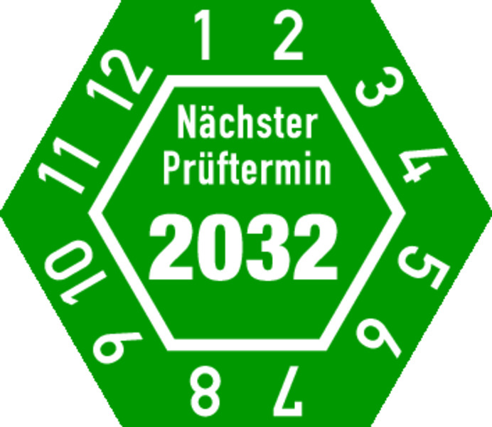 Prüfplakette, Nächster Prüftermin, Jahresfarben, Folie, 26 x 30 mm - Bogen = 10 Plaketten