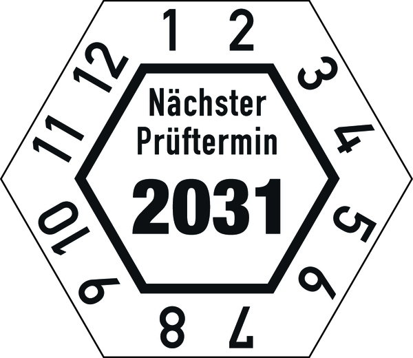 Prüfplakette, Nächster Prüftermin, Jahresfarben, Folie, 26 x 30 mm - Bogen = 10 Plaketten