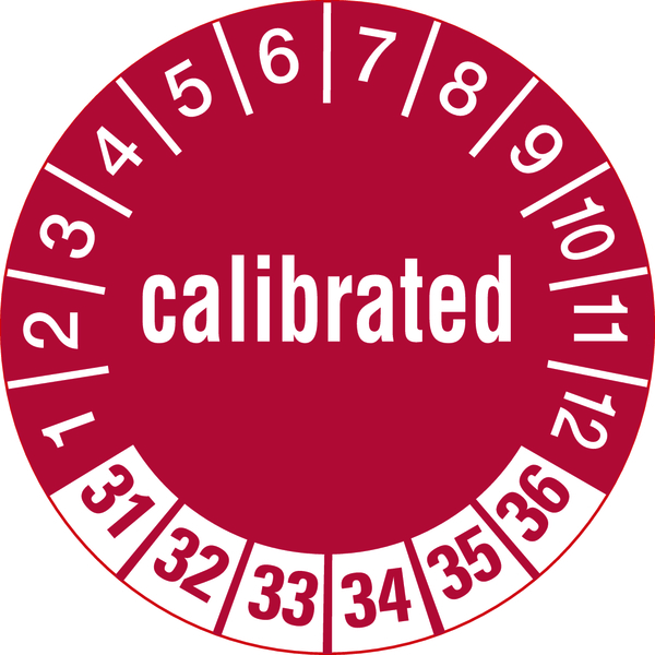 Prüfplakette, calibrated, rot/weiß, Folie, Ø 30 mm - Bogen = 10 Plaketten