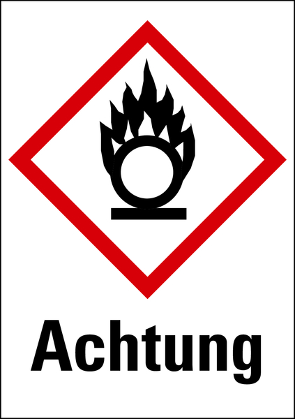 Gefahrstoffetiketten - Flamme über einem Kreis (GHS03) & Signalwort "Achtung" - Bogen à 16 Stück