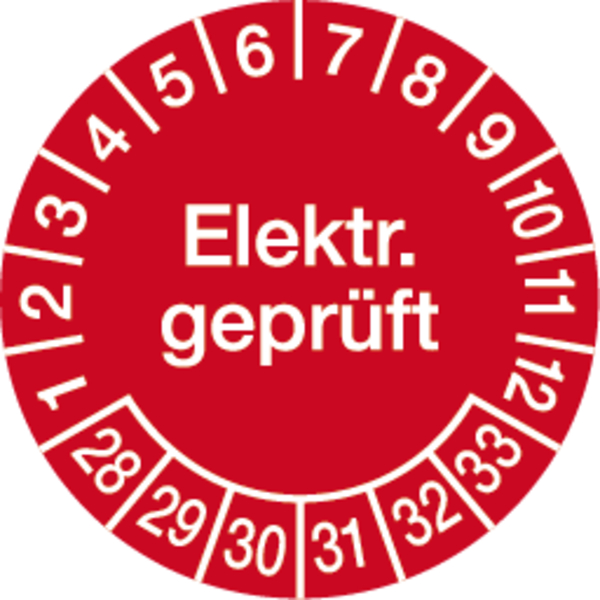 Prüfplakette, Elektr. geprüft, rot/weiß, Ø 30 mm, Folie - Bogen = 10 Plaketten
