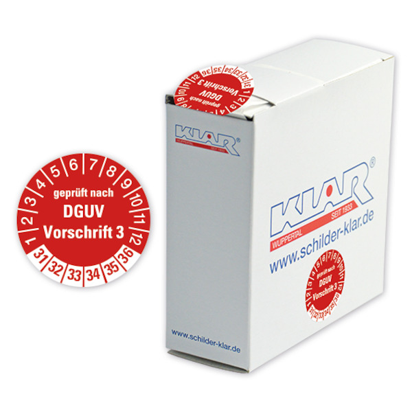 Prüfplakette, geprüft nach DGUV Vorschrift 3, rot/weiß, Ø 30 mm - Spenderbox à 500 Stück