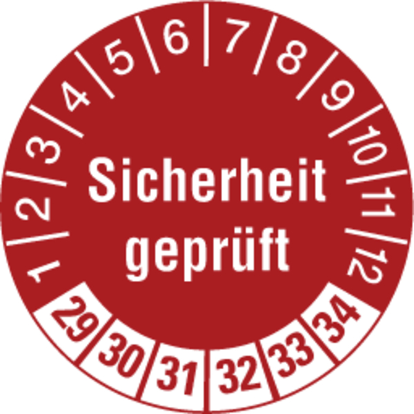 Prüfplakette, Sicherheit geprüft, Rot/Weiß, Folie, Ø 30 mm - Bogen = 10 Plaketten