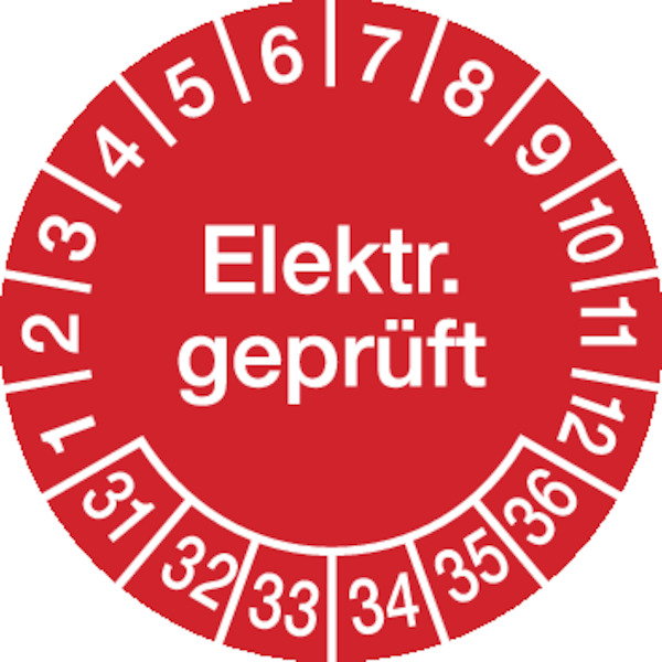 Prüfplakette, Elektr. geprüft, rot/weiß, Ø 30 mm, Folie - Bogen = 10 Plaketten
