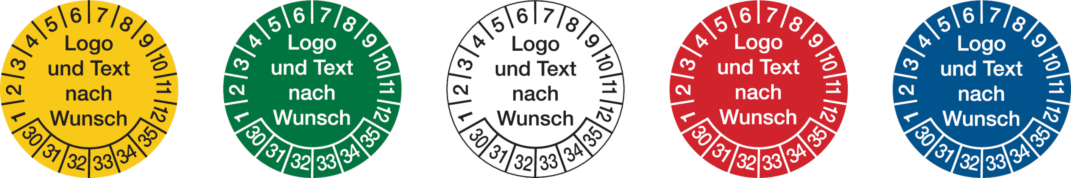 Prüfplaketten, Logo und Text nach Wunsch, Folie, Ø 20 - 40 mm - Bogen = 10 Stk.