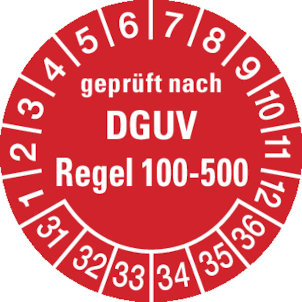 Prüfplakette, DGUV Regel 100-500, rot/weiß, Folie, Ø 30 mm - Bogen = 10 Plaketten