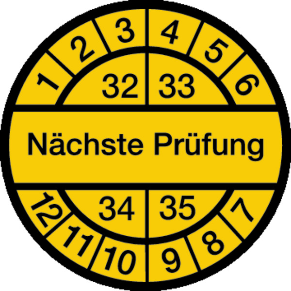Prüfplakette, Nächste Prüfung, schwarz/gelb, Folie, Ø 12,5/30 mm - Bogen = 10 Plaketten 416132_ef.jpg