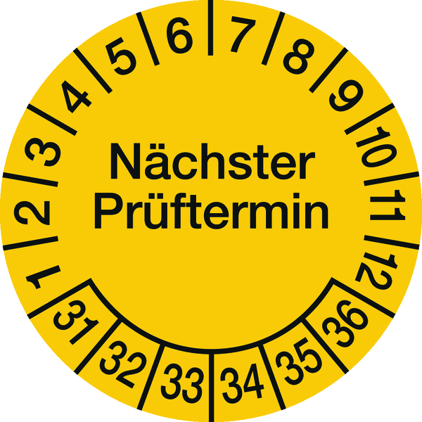 Prüfplakette, Nächster Prüftermin, Folie, gelb/schwarz, Ø 60 mm - Bogen = 4 Plaketten