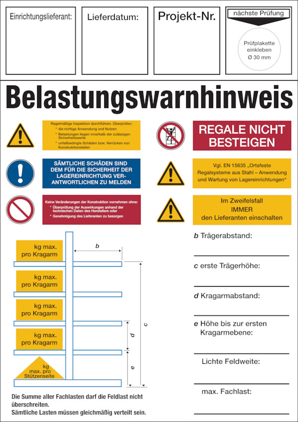Regalkennzeichnung mit Belastungswarnhinweisen, Kragarmregal - DIN EN 15635