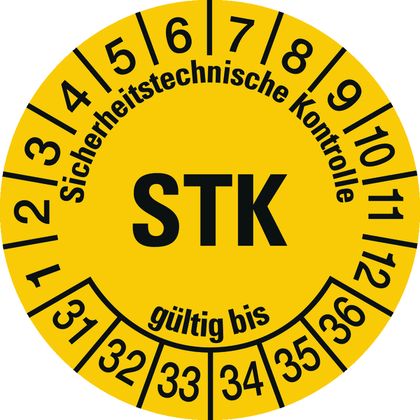 Prüfplakette, STK, gelb/schwarz, Folie, Ø 30 mm - Bogen = 10 Plaketten