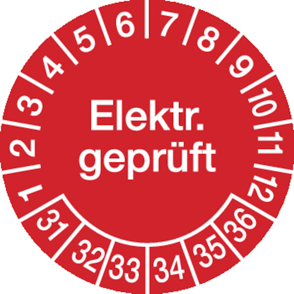 Prüfplakette, Elektr. geprüft, rot/weiß, Ø 30 mm, Dokumentenfolie - Bogen = 10 Plaketten