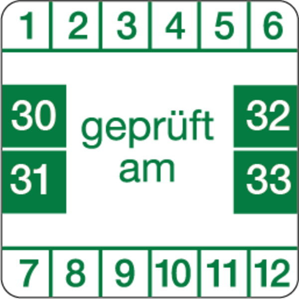 Prüfplakette, "geprüft am", grün/weiß, Folie, 30 x 30 mm - Bogen = 10 Plaketten