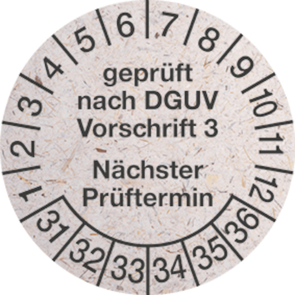 Prüfplakette, DGUV V3 Nächster Prüftermin, Graspapier, Jahresfarben, Ø 30 mm - Bogen = 10 Plaketten