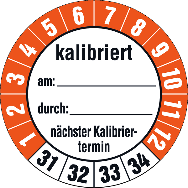 Prüfplakette, kalibriert nächster Kalibriertermin, Folie, Ø 35 mm - Bogen = 10 Plaketten