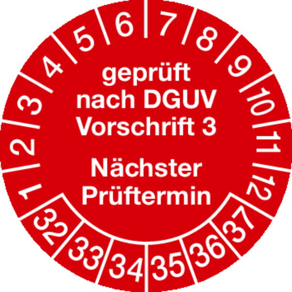 Prüfplakette, DGUV Vorschrift 3 Nächster Prüftermin, rot/weiß, Folie, Ø 30mm - Bogen = 10 Plaketten 496732_ef.jpg