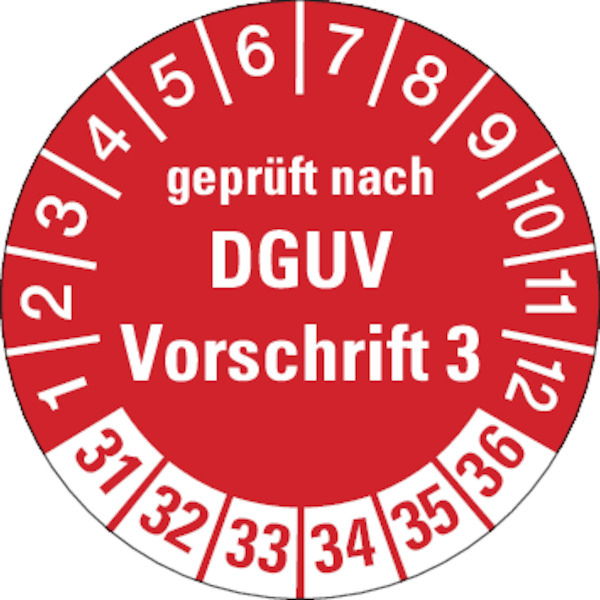 Prüfplakette, geprüft nach DGUV Vorschrift 3, rot/weiß, Ø 30 mm - Bogen = 10 Plaketten