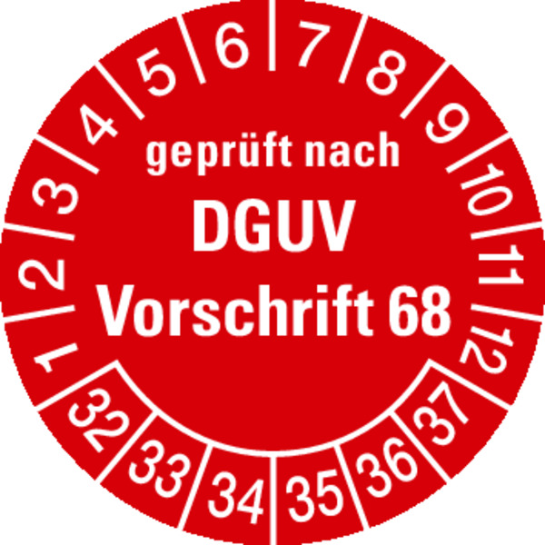 Prüfplaketten, geprüft nach DGUV Vorschrift 68, rot/weiß, Folie, Ø 30mm - Bogen = 10 Plaketten