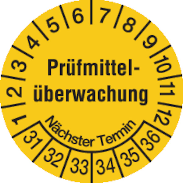 Prüfplakette, Prüfmittelüberwachung Nächster Termin, gelb/schwarz, Folie, Ø 20mm - Bogen = 10 Stk.