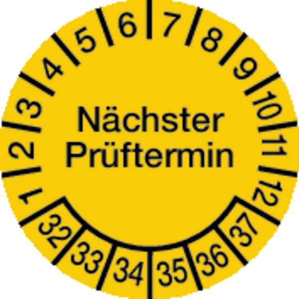 Prüfplakette, Nächster Prüftermin, Folie, gelb/schwarz, Ø 15 mm - Bogen = 10 Plaketten