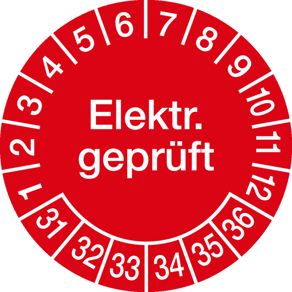 Prüfplakette, Elektr. geprüft, rot/weiß, Ø 30 mm, Folie - Bogen = 10 Plaketten