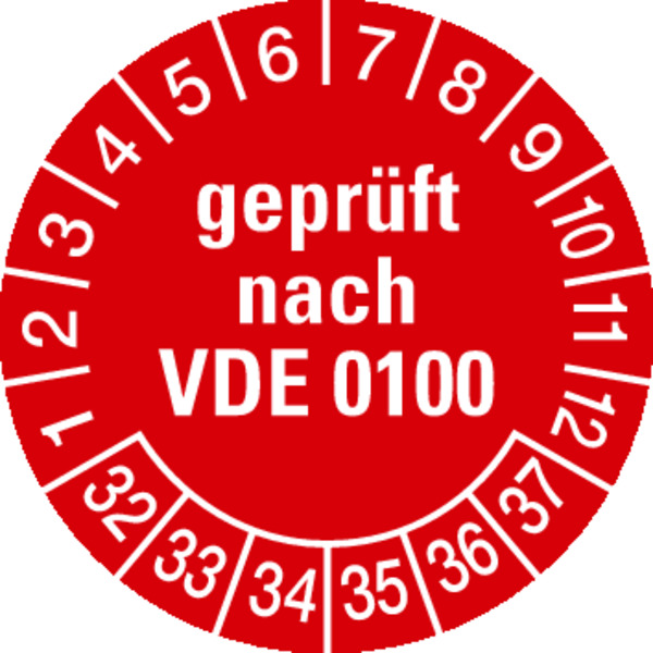 Prüfplakette, geprüft nach VDE 0100, rot/weiß, Folie, Ø 30 mm - Bogen = 10 Plaketten
