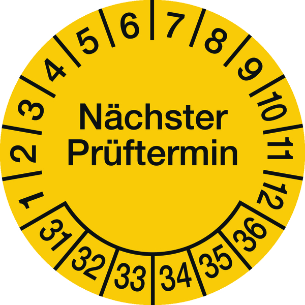 Prüfplakette, Nächster Prüftermin, Dokumentenfolie, gelb/schwarz, Ø 30 mm - Bogen = 10 Plaketten