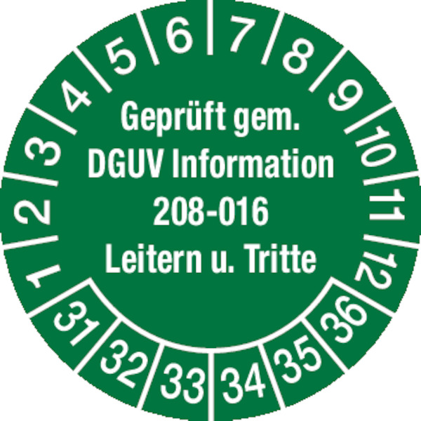 Prüfplakette, DGUV Information 208-016 Leitern und Tritte, grün/weiß, Ø 30 mm - Bogen = 10 Plaketten