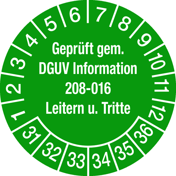Prüfplakette, DGUV Information 208-016 Leitern und Tritte, grün/weiß, Ø 30 mm - Bogen = 10 Plaketten