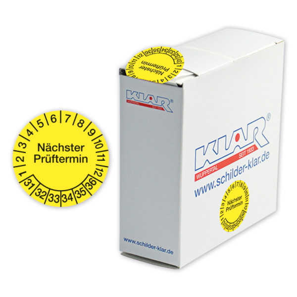 Prüfplakette, Nächster Prüftermin, Folie, Ø 30mm, gelb/schwarz - Spenderbox à 500 Stück