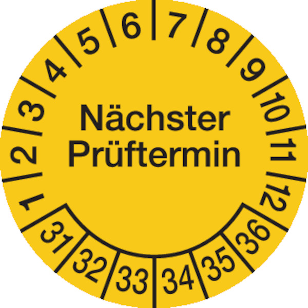 Prüfplakette, Nächster Prüftermin, Dokumentenfolie, gelb/schwarz, Ø 30 mm - Bogen = 10 Plaketten