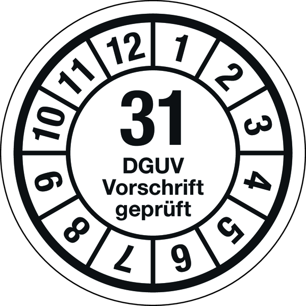 Jahresprüfplaketten, DGUV Vorschrift geprüft, Jahresfarben, Ø 35mm - Bogen = 10 Plaketten