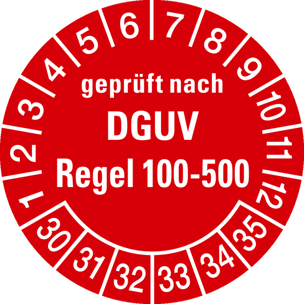 Prüfplakette, DGUV Regel 100-500, rot/weiß, Folie, Ø 30 mm - Bogen = 10 Plaketten