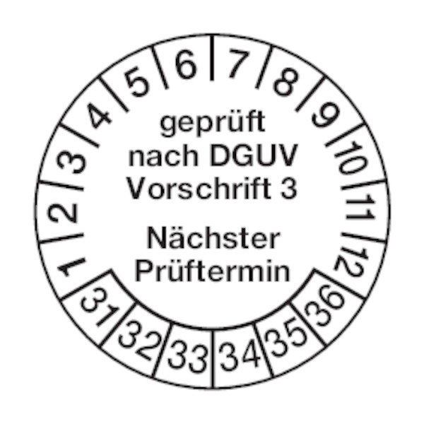 Prüfplakette, DGUV Vorschrift 3 Nächster Prüftermin, Jahresfarben, Ø20mm, Folie - Bogen = 10 Stück