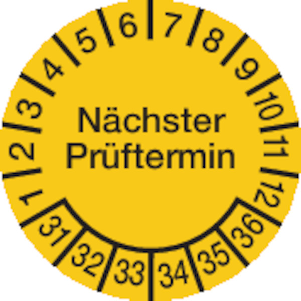 Prüfplakette, Nächster Prüftermin, Dokumentenfolie, gelb/schwarz, Ø 15 mm - Bogen = 10 Plaketten