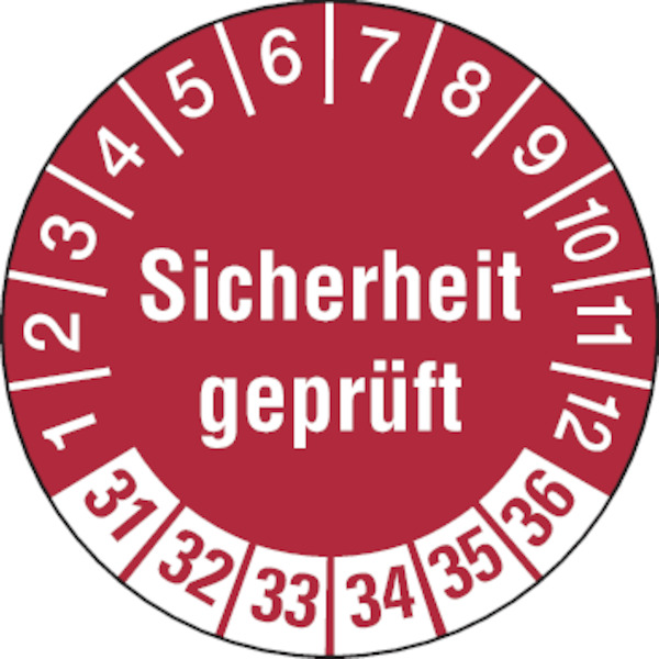 Prüfplakette, Sicherheit geprüft, Rot/Weiß, Folie, Ø 30 mm - Bogen = 10 Plaketten