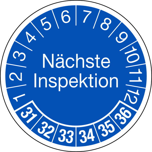 Prüfplakette, Nächste Inspektion, blau/weiß, Folie, Ø 30 mm - Bogen = 10 Plaketten
