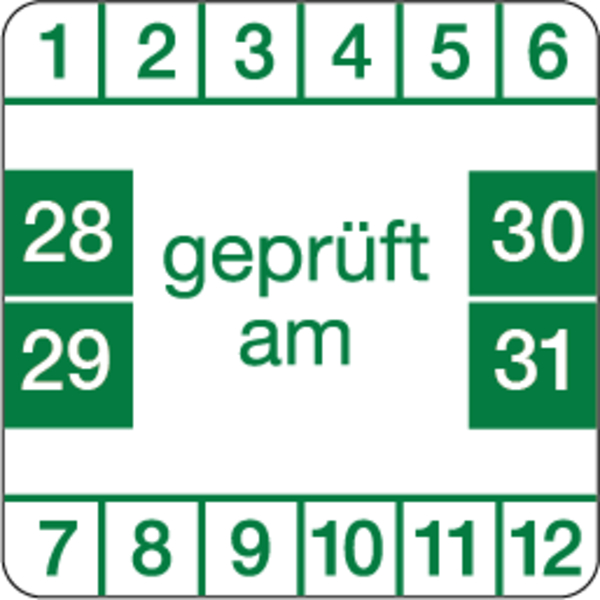 Prüfplakette, "geprüft am", grün/weiß, Folie, 30 x 30 mm - Bogen = 10 Plaketten