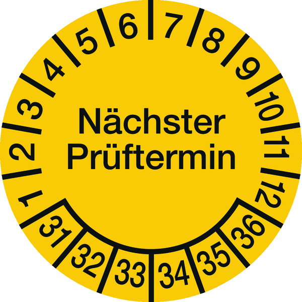 Prüfplakette, Nächster Prüftermin, Dokumentenfolie, gelb/schwarz, Ø 15 mm - Bogen = 10 Plaketten