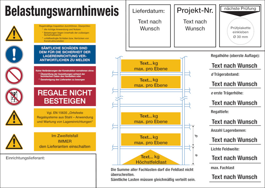 Regalkennzeichnung mit Belastungswarnhinweisen, Fachbodenregal, mit Wunschtext - DIN EN 15635 Regalkennzeichnung mit Belastungswarnhinweisen, Fachbodenregal, mit Wunschtext - DIN EN 15635