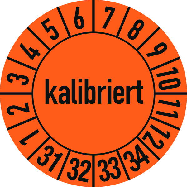 Prüfplakette, kalibriert, orange/schwarz, Folie, Ø 30 mm - Bogen = 10 Plaketten