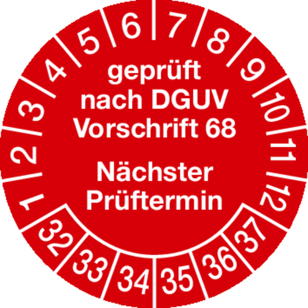 Prüfplakette, DGUV Vorschrift 68 Nächster Prüftermin, rot/weiß, Folie, Ø 30 mm - Bogen = 10 Stk. 496832_ef.jpg