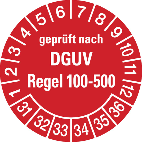 Prüfplakette, DGUV Regel 100-500, rot/weiß, Folie, Ø 30 mm - Bogen = 10 Plaketten