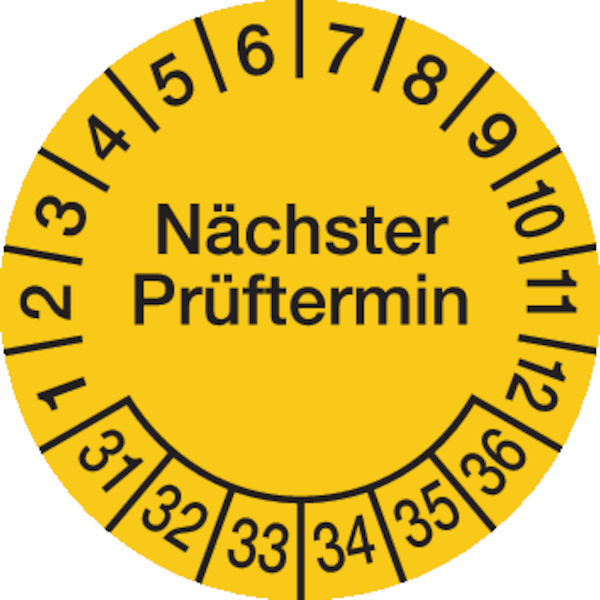 Prüfplakette, Nächster Prüftermin, Folie, Ø 30mm, gelb/schwarz - Rolle à 1000 Stück