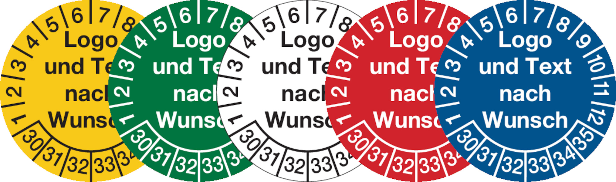 Prüfplaketten, Logo und Text nach Wunsch, Dokumentenfolie, Ø 20 - 40 mm - Bogen = 10 Stk.